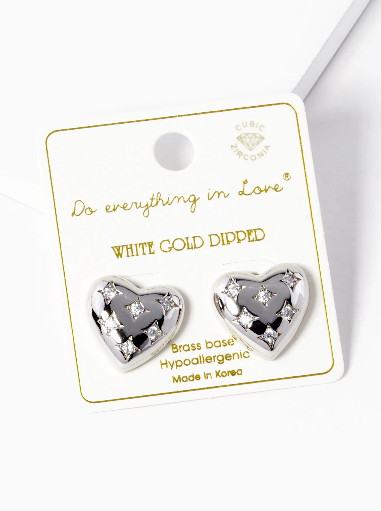 White Gold Dipped CZ Heart Stud Earrings