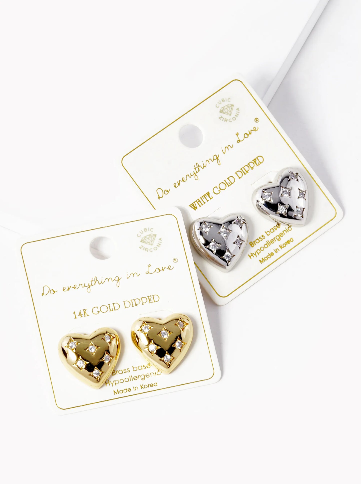 White Gold Dipped CZ Heart Stud Earrings