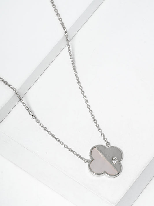 White Gold Dipped CZ MOP Quatrefoil Pendant Necklace