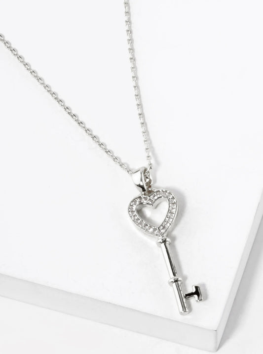 White Gold Dipped CZ Pave 1 Inch Heart Key Pendant Necklace
