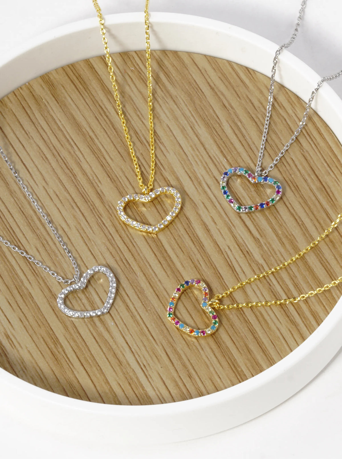 18K Gold Dipped CZ Pave 10mm Heart Pendant Necklace Rhodium-Multi