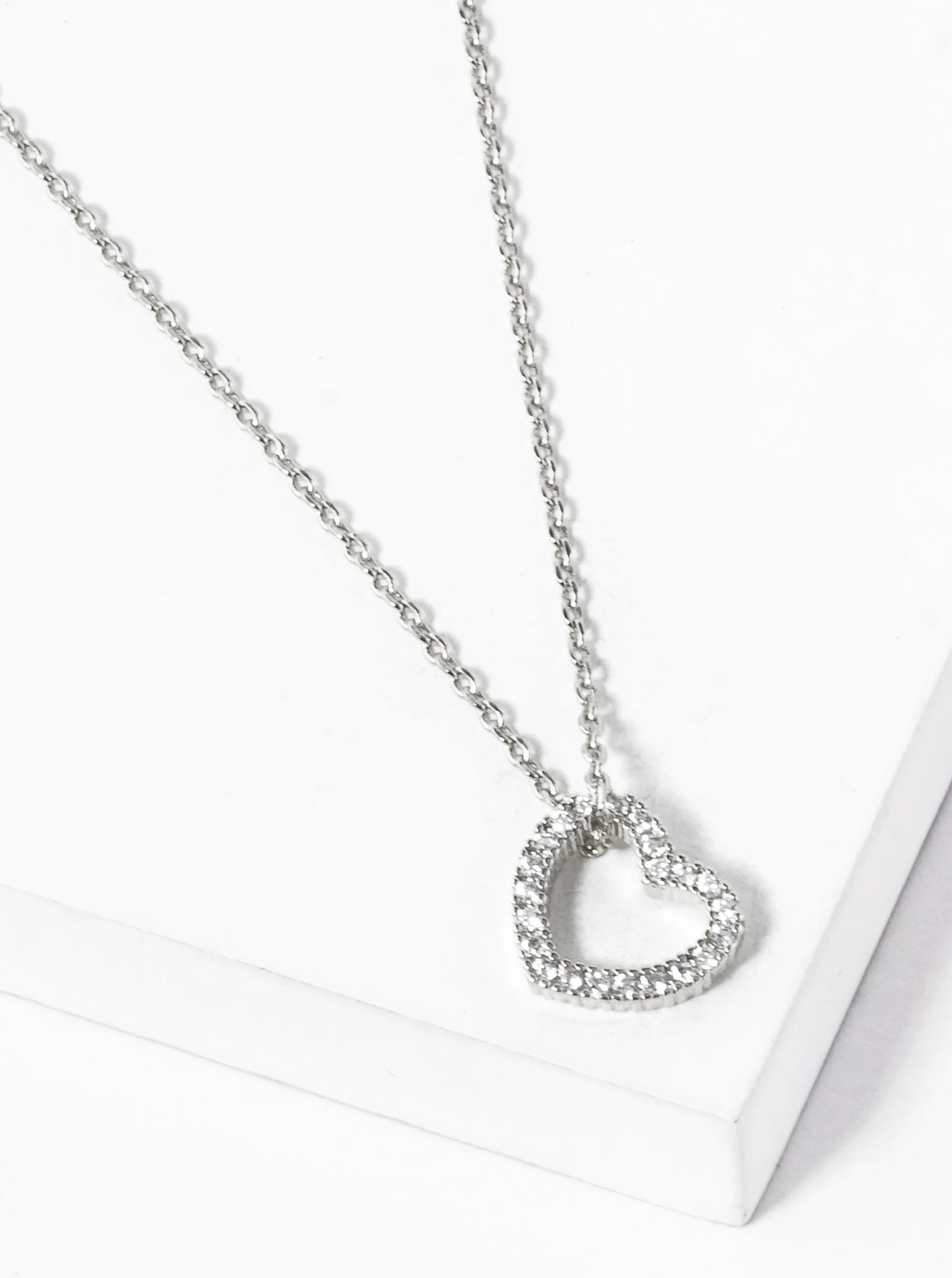 White Gold Dipped CZ Pave 10mm Sideways Heart Pendant Necklace