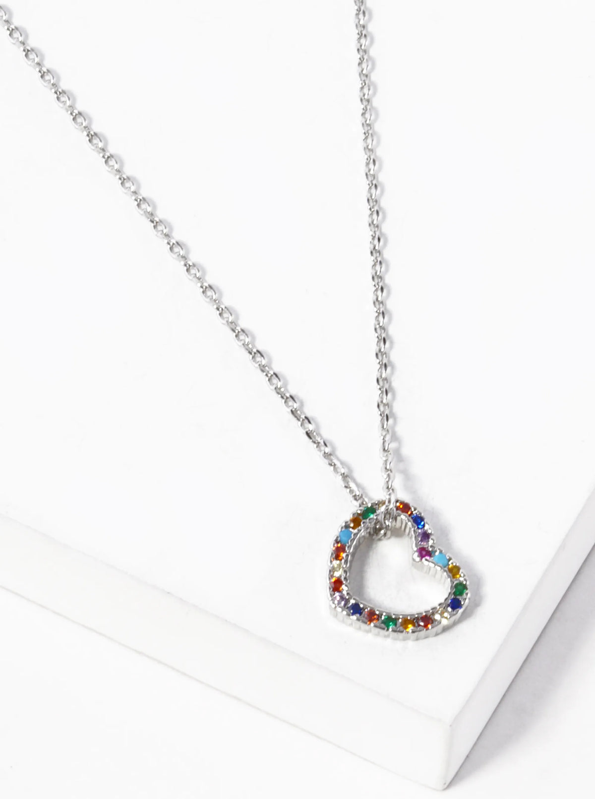 18K Gold Dipped CZ Pave 10mm Sideways Heart Pendant Necklace Rhodium-Multi