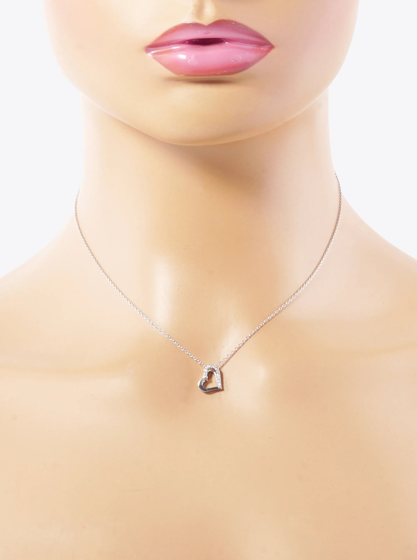 White Gold Dipped CZ Pave 11mm Sideways Heart Pendant Necklace