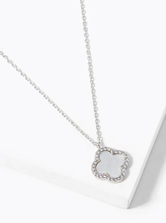 White Gold Dipped CZ Pave 13mm Quatrefoil Pendant Necklace