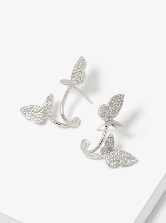 White Gold Dipped CZ Pave 15mm Butterfly Stud Earrings