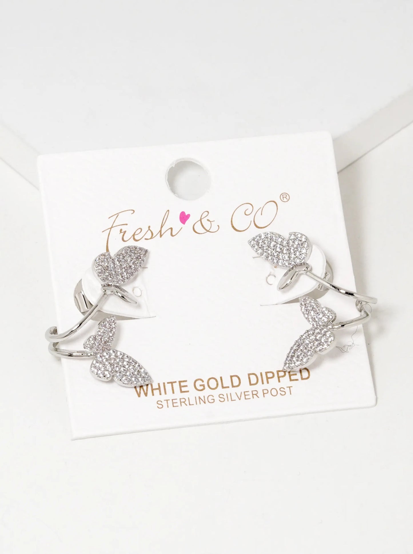 White Gold Dipped CZ Pave 15mm Butterfly Stud Earrings