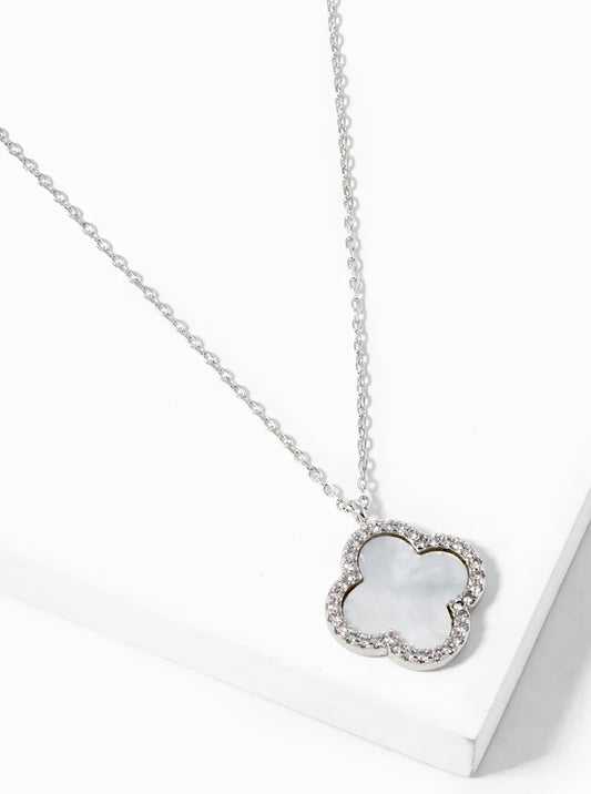 White Gold Dipped CZ Pave 15mm Quatrefoil Pendant Necklace