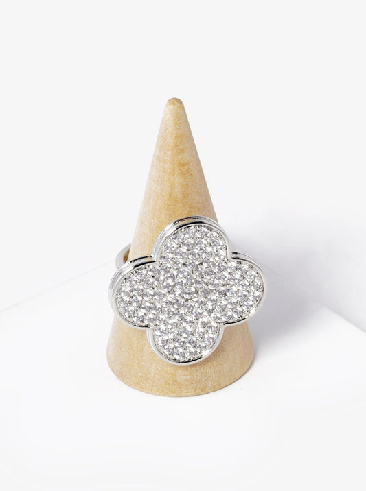White Gold Dipped CZ Pave 25mm Quatrefoil Adjustable Ring