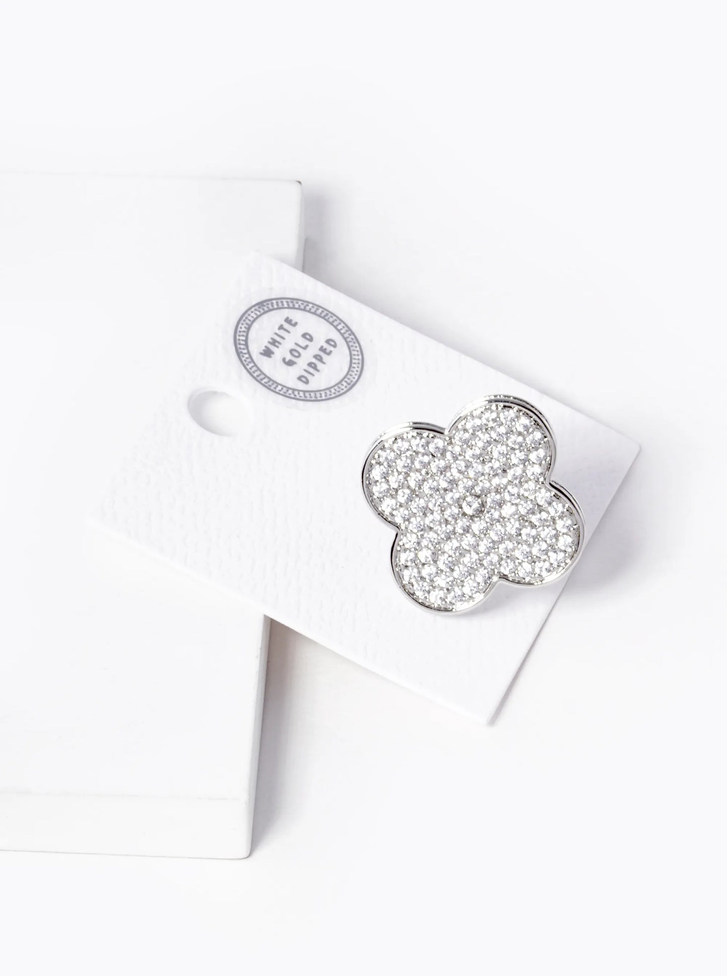 White Gold Dipped CZ Pave 25mm Quatrefoil Adjustable Ring