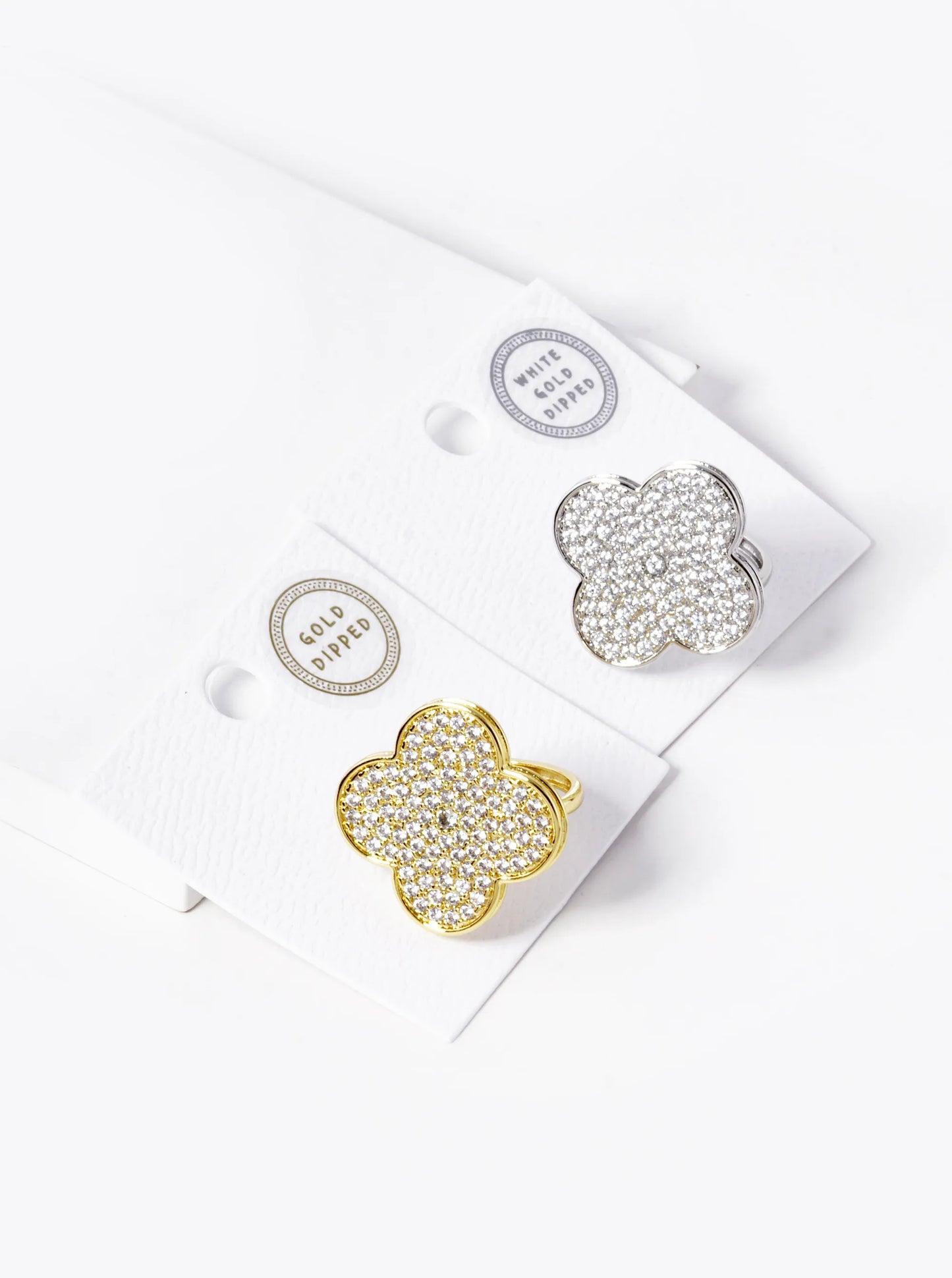 White Gold Dipped CZ Pave 25mm Quatrefoil Adjustable Ring