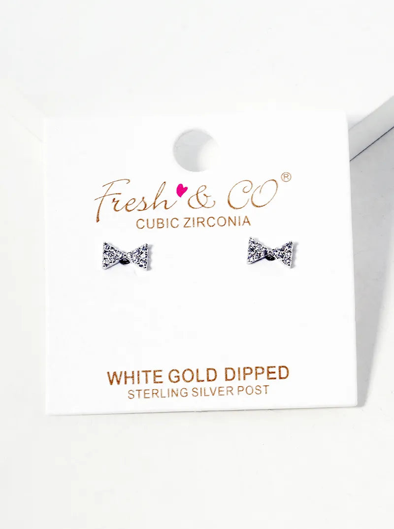 White Gold Dipped CZ Pave 4mm Ribbon Bow Post Stud Earrings