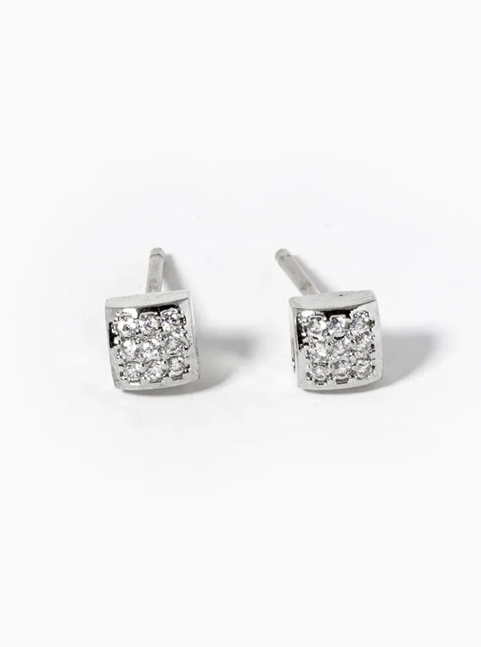 White Gold Dipped CZ Pave 4mm Square Post Stud Earrings