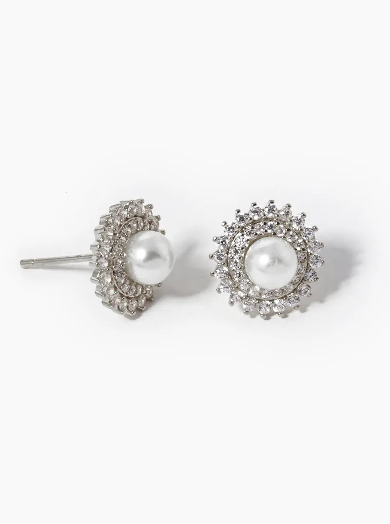 White Gold Dipped CZ Pave 5mm Pearl Stud Earrings