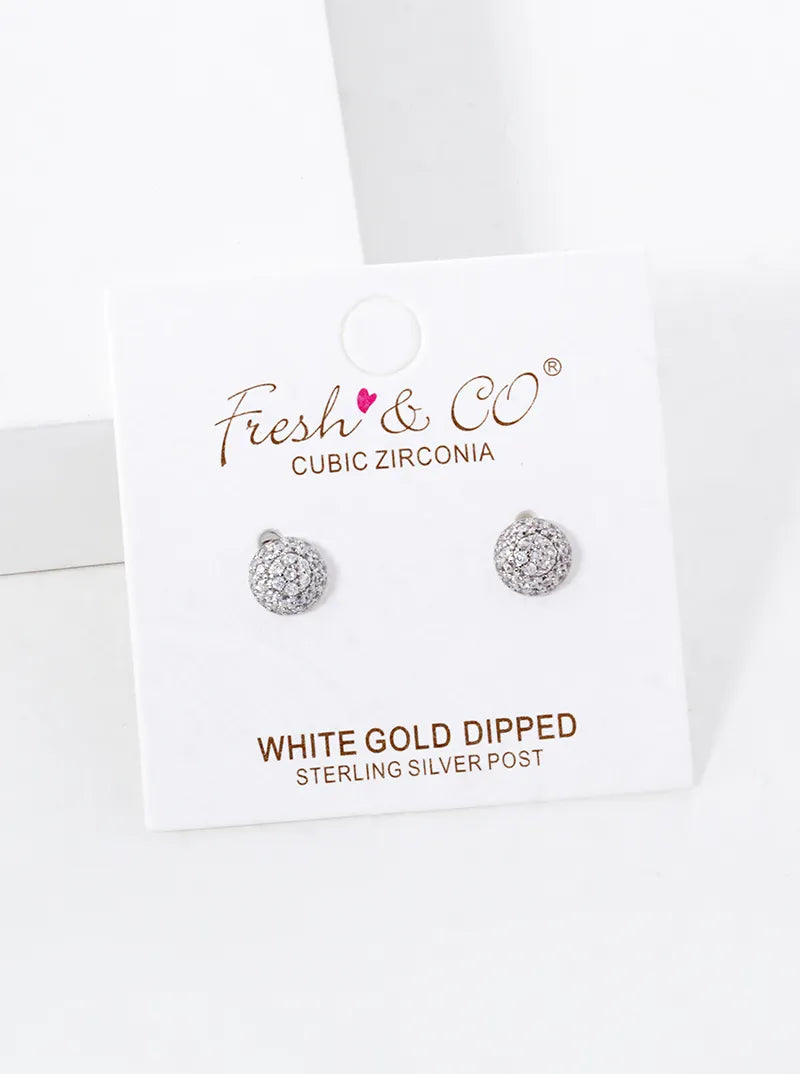White Gold Dipped CZ Pave 6mm Hemisphere Stud Earrings