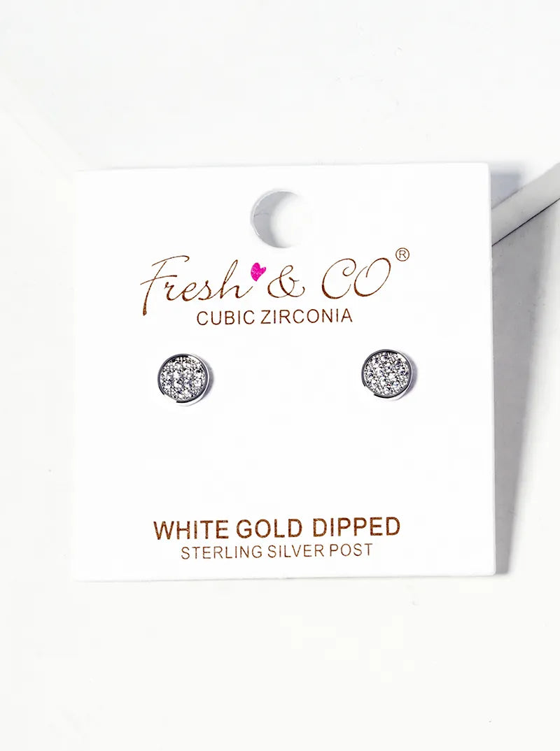 White Gold Dipped CZ Pave 6mm Round Post Stud Earrings