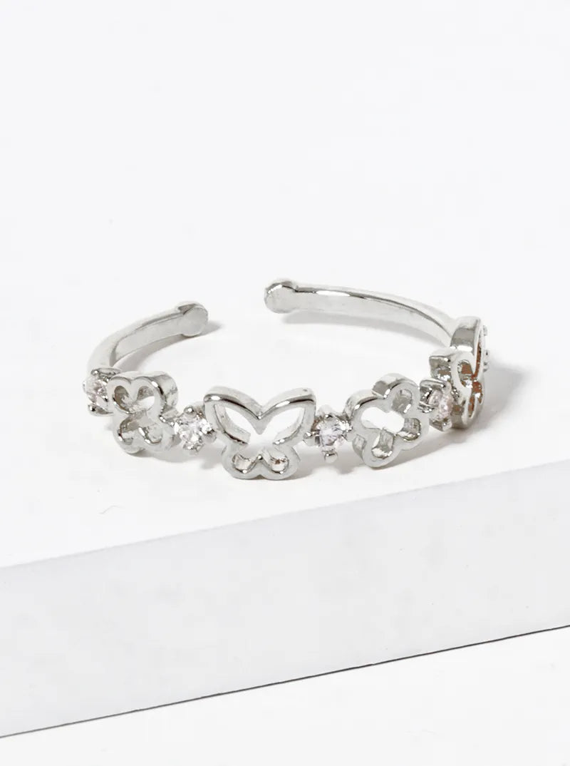 White Gold Dipped CZ Pave Butterflies Adjustable Ring