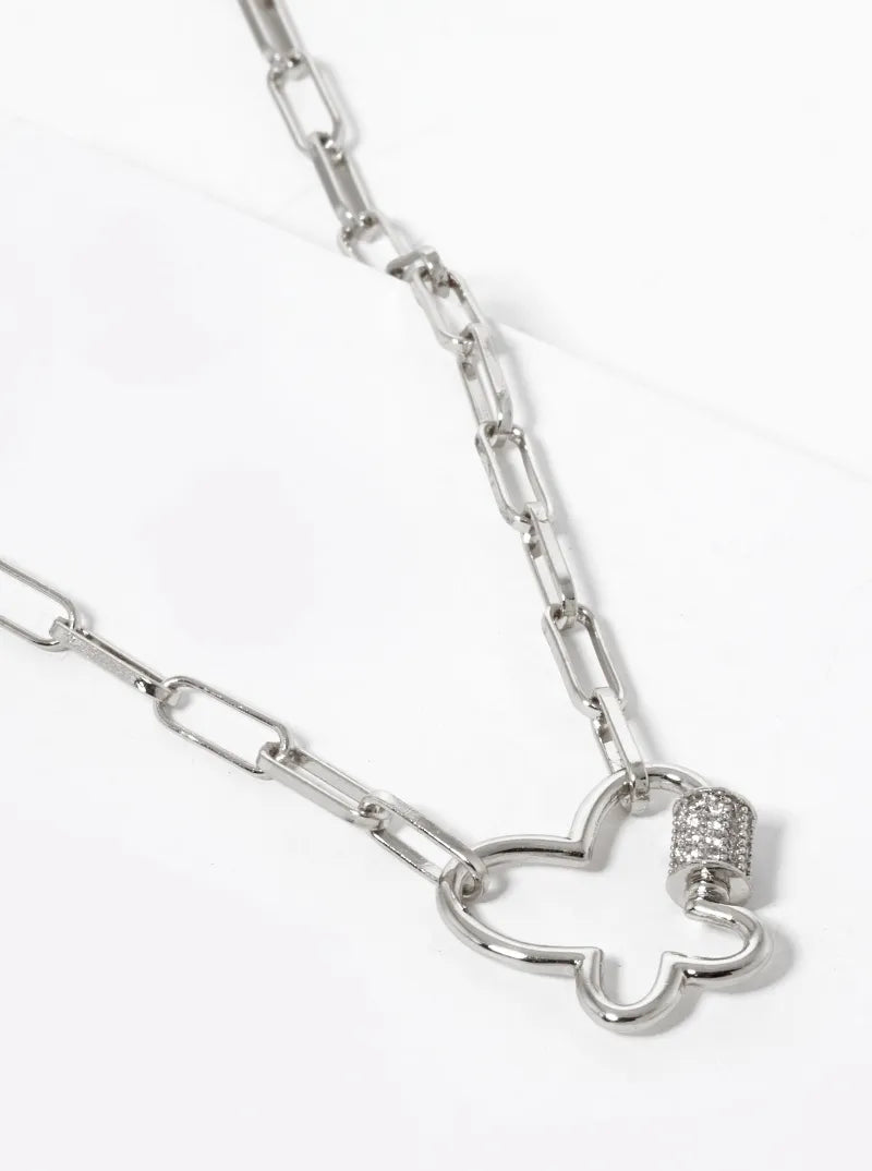 White Gold Dipped CZ Pave Butterfly Pendant Chain Necklace