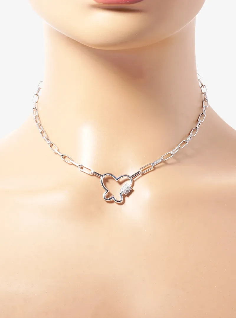 White Gold Dipped CZ Pave Butterfly Pendant Chain Necklace