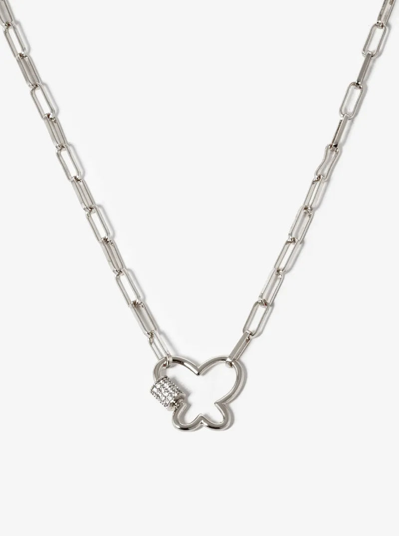 White Gold Dipped CZ Pave Butterfly Pendant Chain Necklace