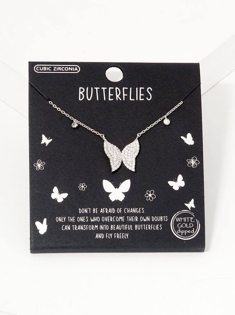 White Gold Dipped CZ Pave Butterfly Pendant Necklace