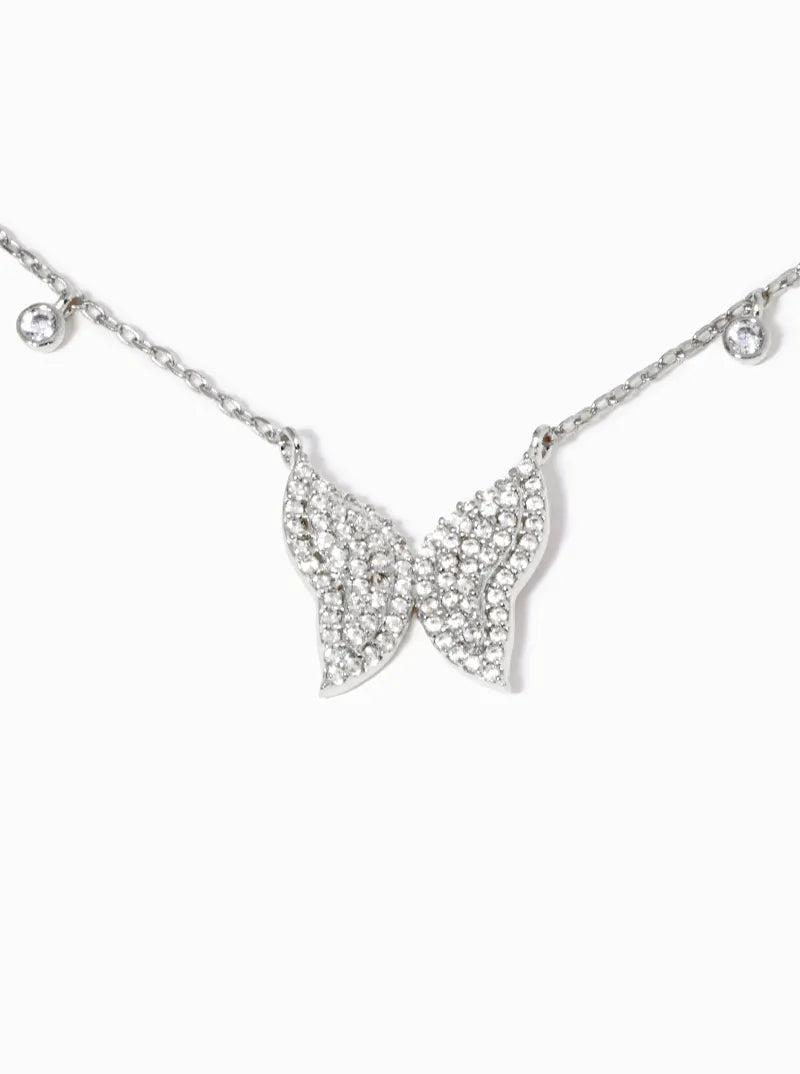 White Gold Dipped CZ Pave Butterfly Pendant Necklace