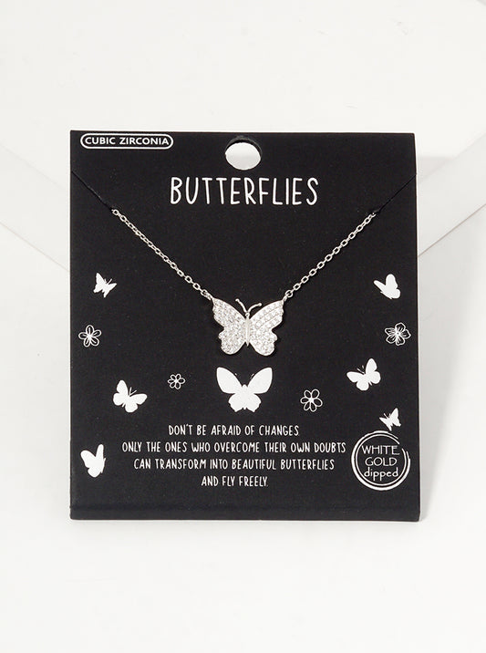 White Gold Dipped CZ Pave Butterfly Pendant Necklace