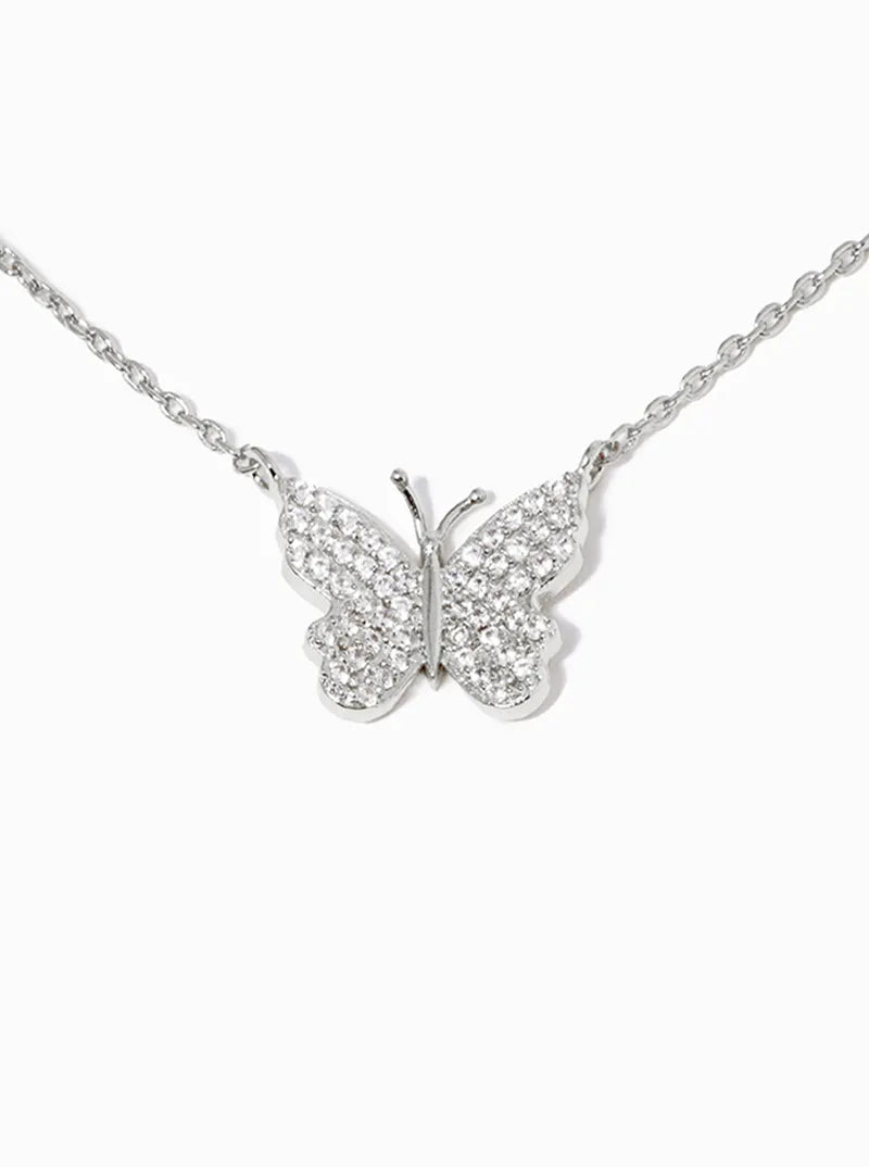 White Gold Dipped CZ Pave Butterfly Pendant Necklace