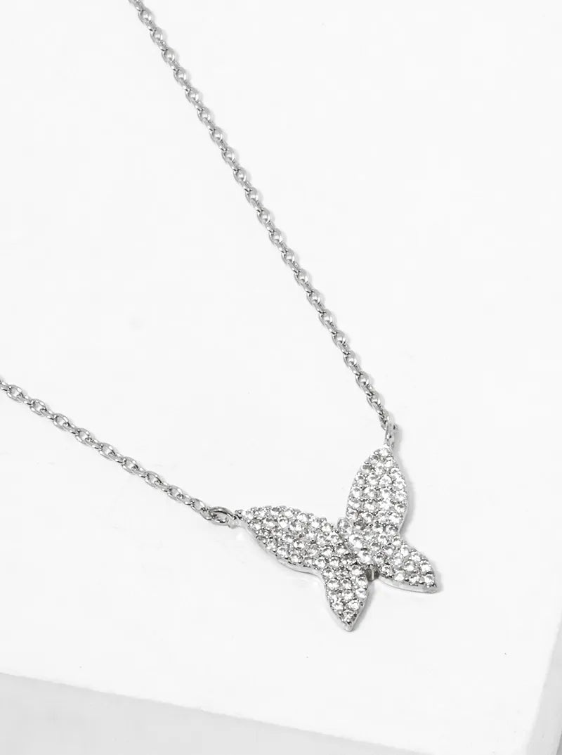 White Gold Dipped CZ Pave Butterfly Pendant Necklace