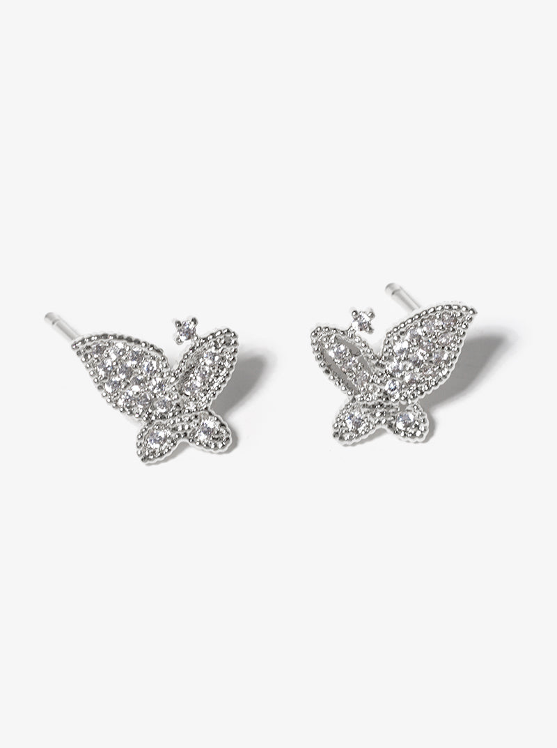 White Gold Dipped CZ Pave Butterfly Stud Earrings