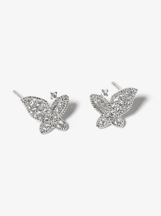 White Gold Dipped CZ Pave Butterfly Stud Earrings