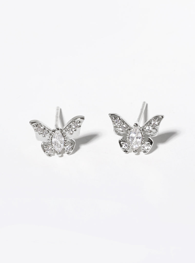 White Gold Dipped CZ Pave Butterfly Stud Earrings