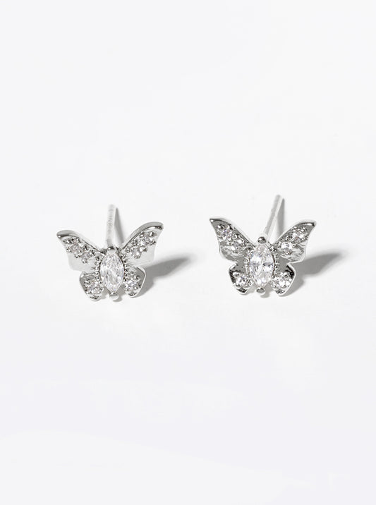 White Gold Dipped CZ Pave Butterfly Stud Earrings