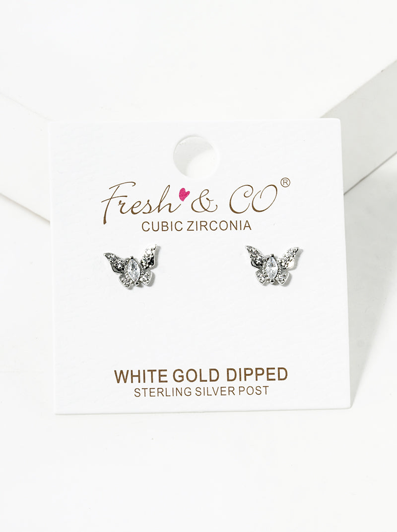 White Gold Dipped CZ Pave Butterfly Stud Earrings