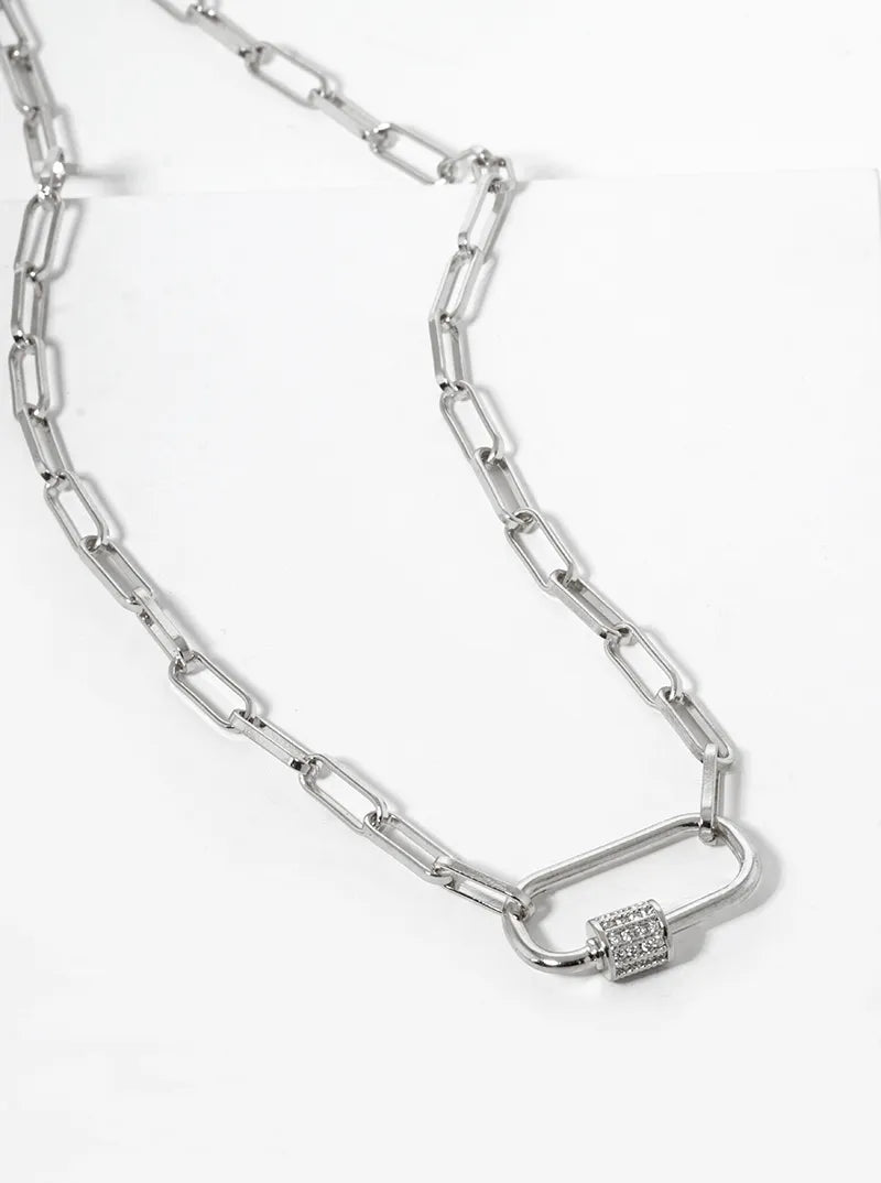 White Gold Dipped CZ Pave Carabiner Pendant Chain Necklace