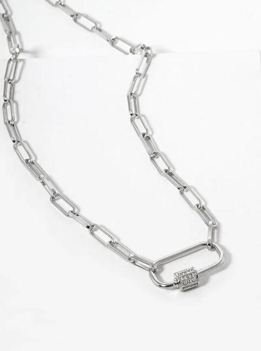 White Gold Dipped CZ Pave Carabiner Pendant Chain Necklace