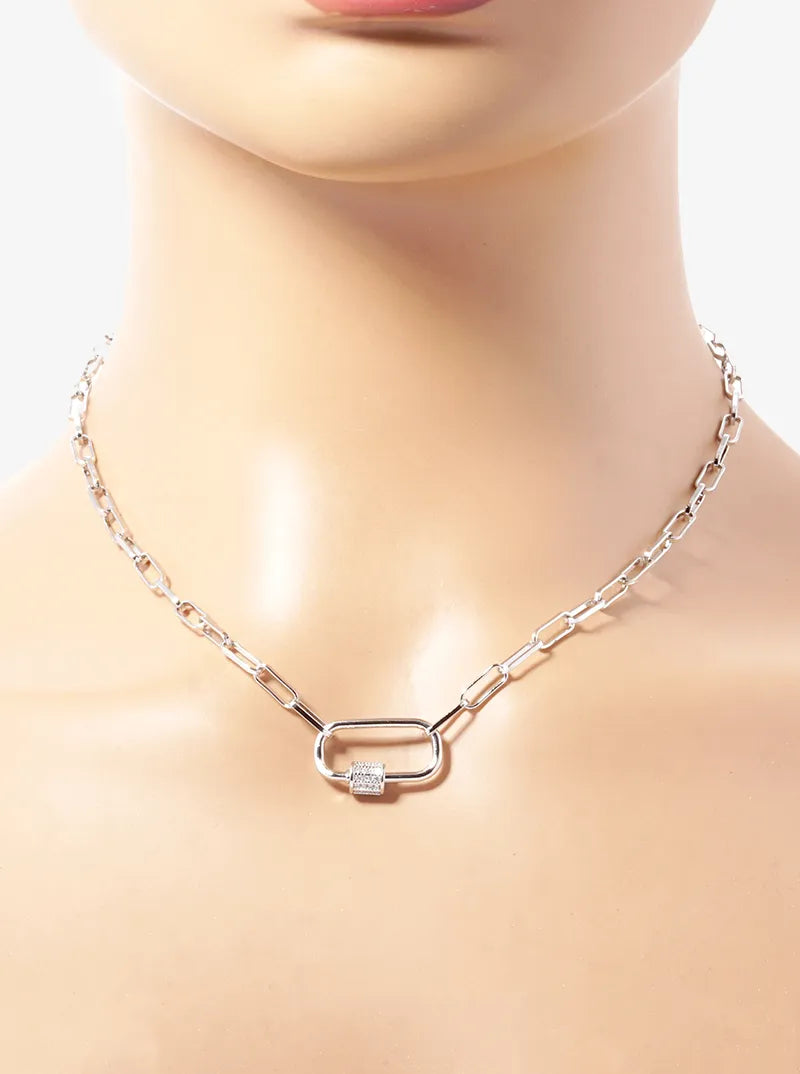 White Gold Dipped CZ Pave Carabiner Pendant Chain Necklace