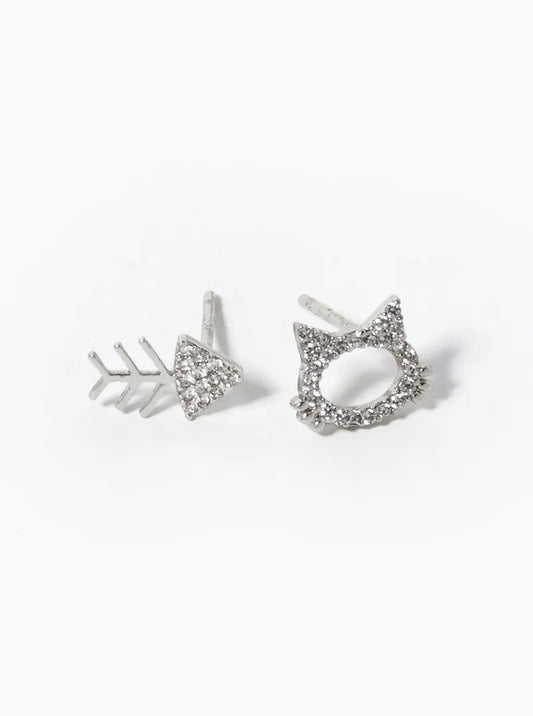 White Gold Dipped CZ Pave Cat And Fishbone Stud Earrings