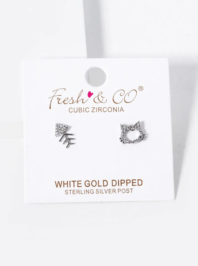 White Gold Dipped CZ Pave Cat And Fishbone Stud Earrings