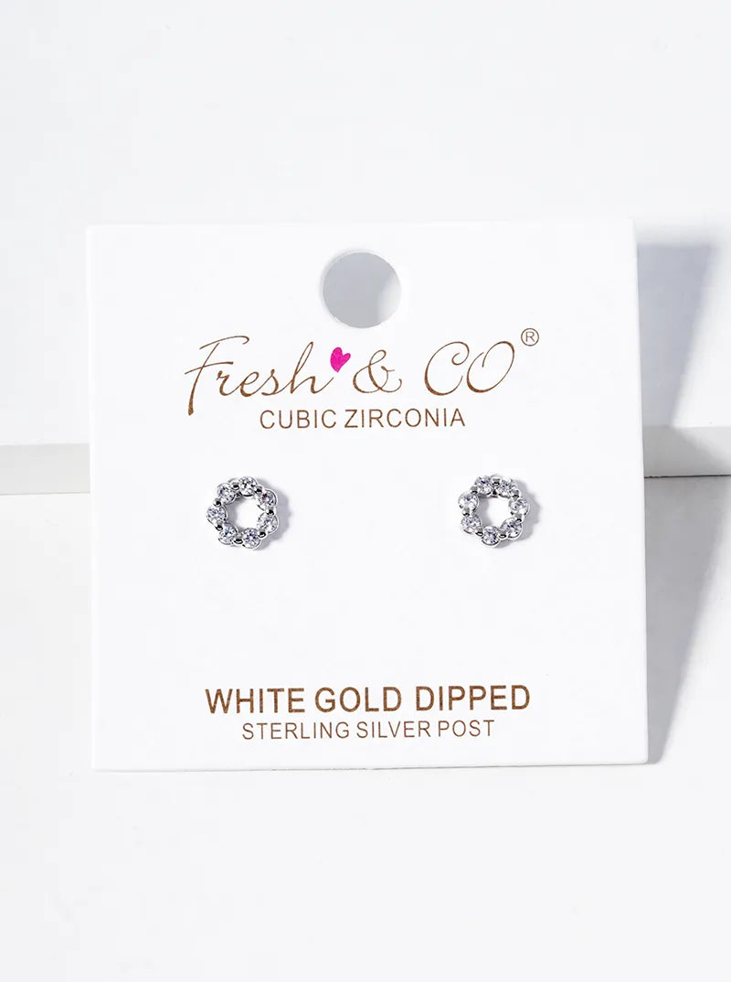White Gold Dipped CZ Pave Circle Post Stud Earrings