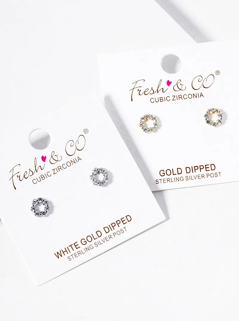White Gold Dipped CZ Pave Circle Post Stud Earrings