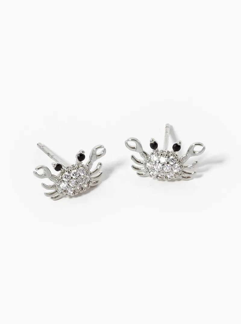 White Gold Dipped CZ Pave Crab Stud Earrings