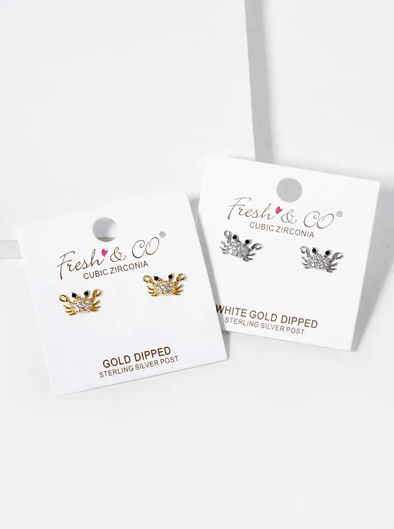 White Gold Dipped CZ Pave Crab Stud Earrings