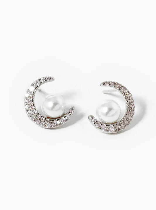 White Gold Dipped CZ Pave Crescent Moon With Pearl Stud Earrings