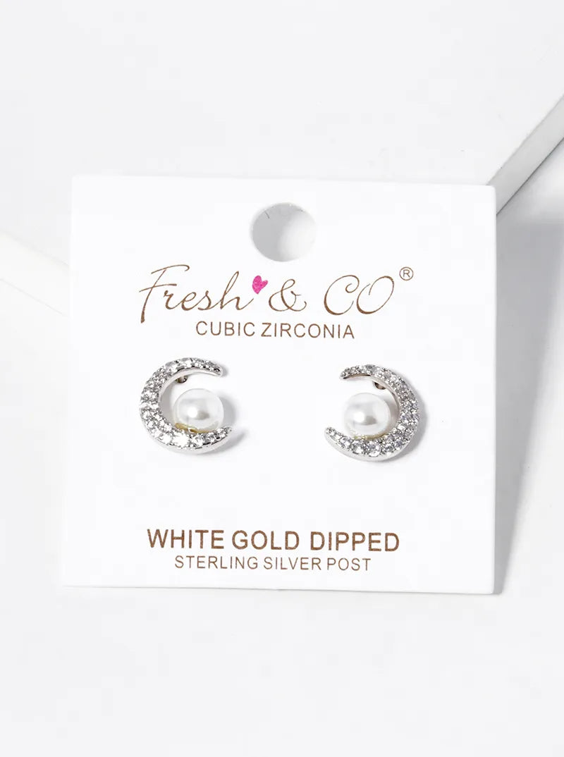 White Gold Dipped CZ Pave Crescent Moon With Pearl Stud Earrings
