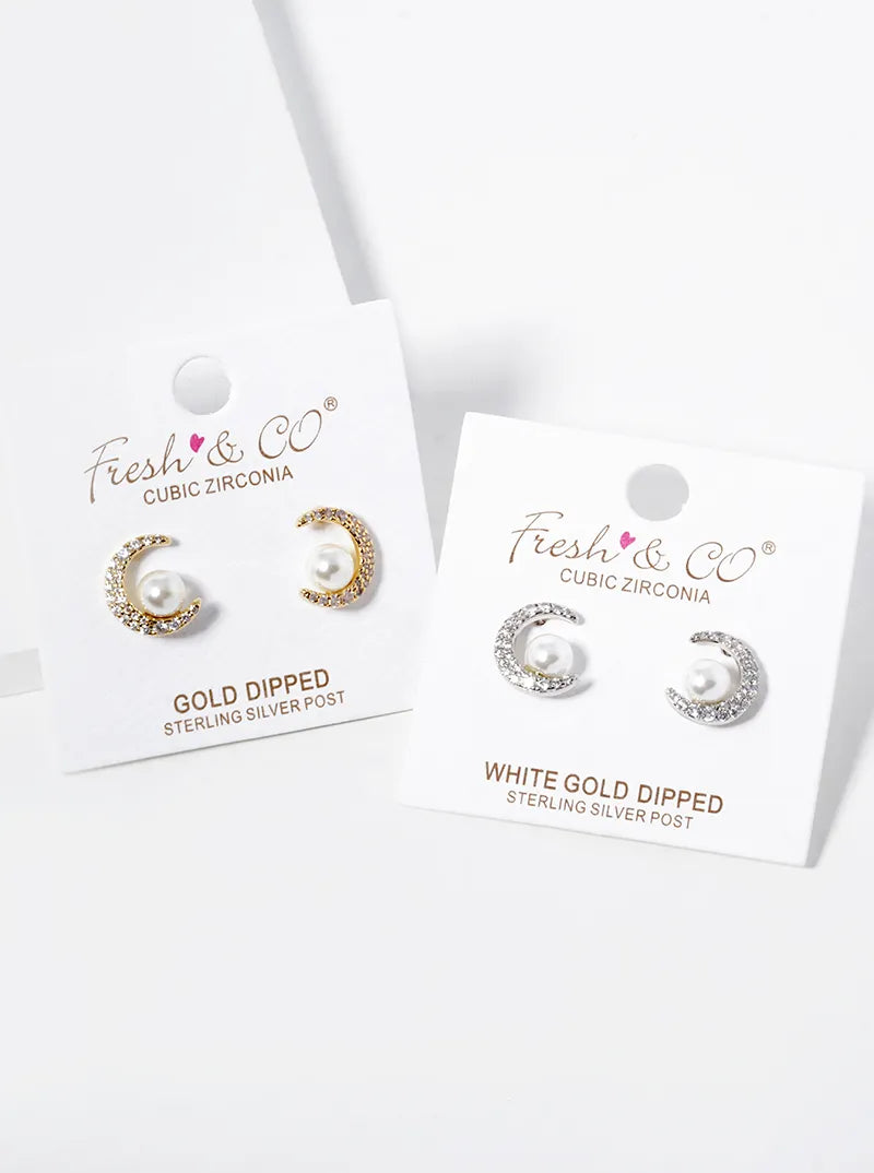 White Gold Dipped CZ Pave Crescent Moon With Pearl Stud Earrings