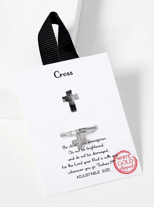 White Gold Dipped CZ Pave Cross Drop Adjustable Ring