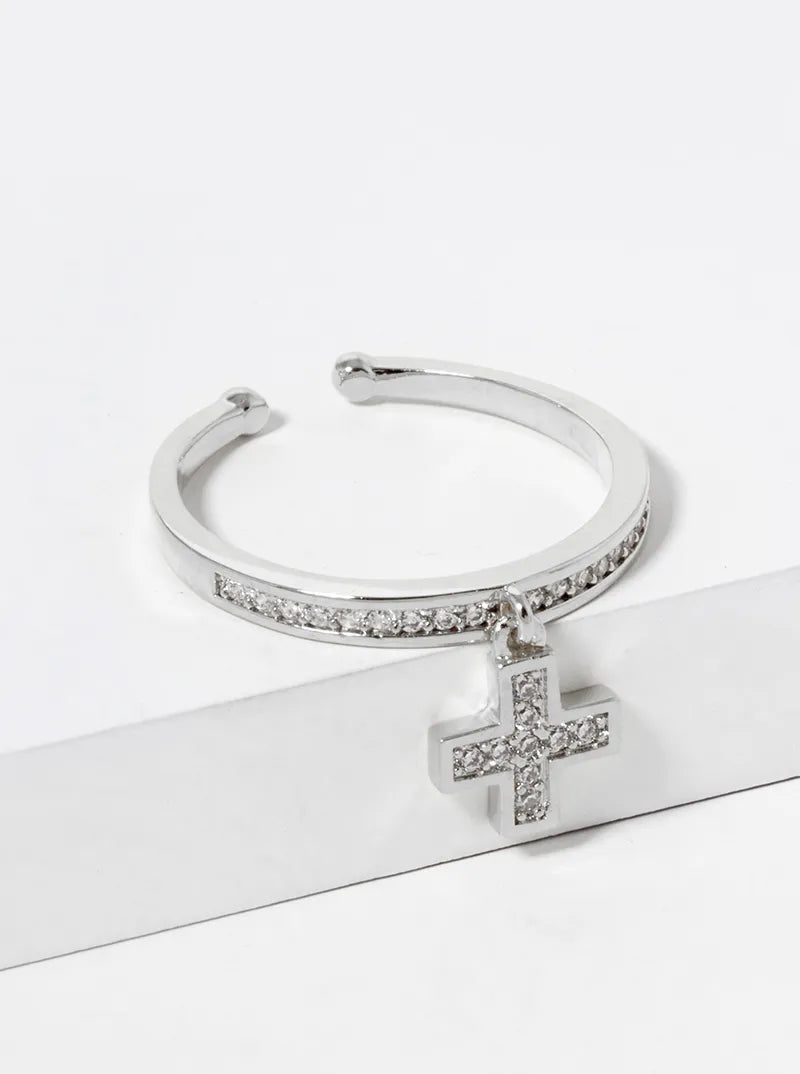 White Gold Dipped CZ Pave Cross Drop Adjustable Ring
