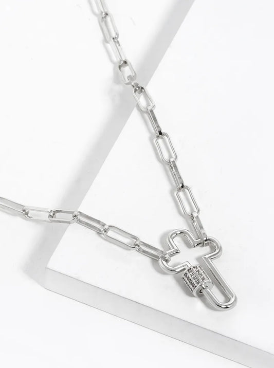White Gold Dipped CZ Pave Cross Pendant Chain Necklace