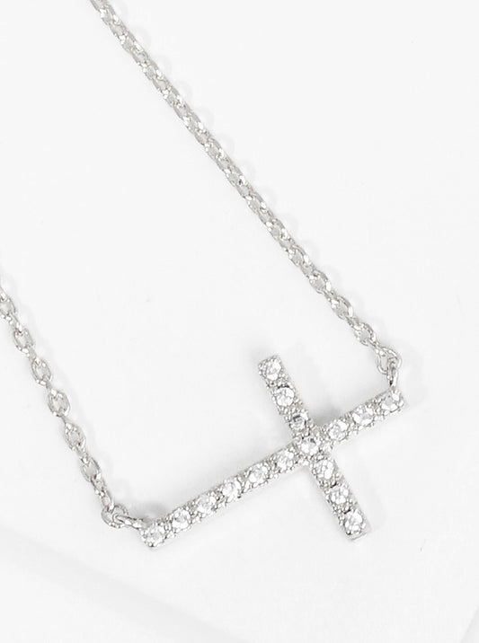 White Gold Dipped CZ Pave Cross Pendant Delicate Necklace
